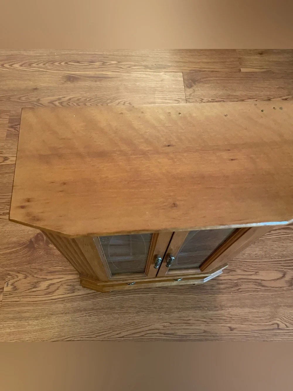 Vintage Large Wood Armoire Style Jewelry Box Gold Etched Glass Doors 17”